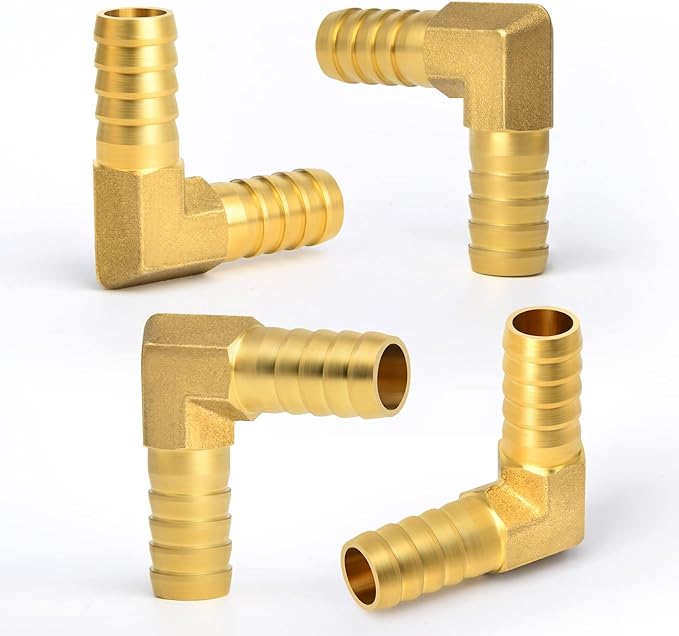 GASHER 5 Pieces Brass Hose Barb Reducer, 5/8 Inch to 5/8 Inch Barb Hose ID 90 Degree L Right Angle Elbow with 10 Hose Clamps, Brass Barb Reducer SPLICER Fitting Fuel/AIR/Water/Oil/Gas/WOG