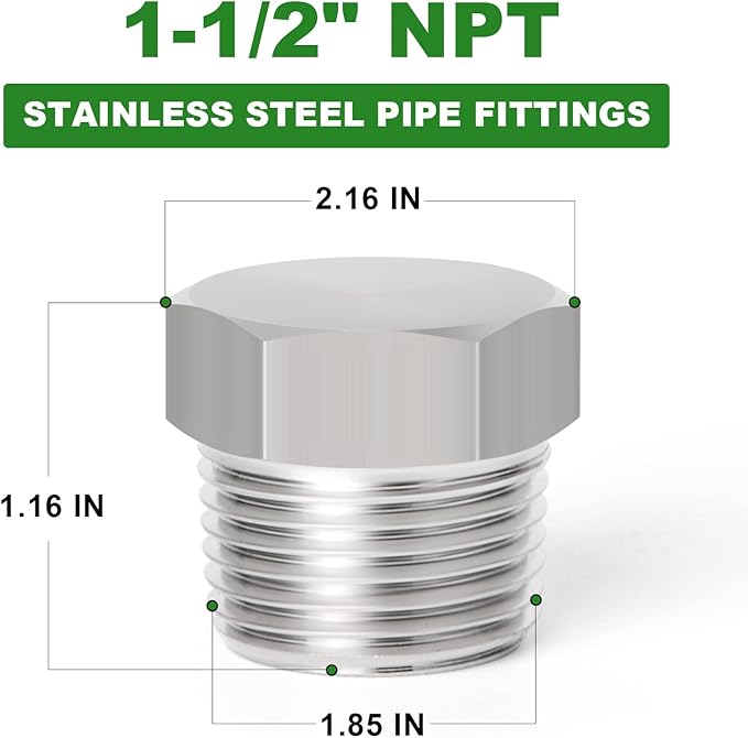 TAISHER 2PCS Stainless Steel Outer Hex Thread Socket Pipe Plug Fitting 1-1/2" NPT Male
