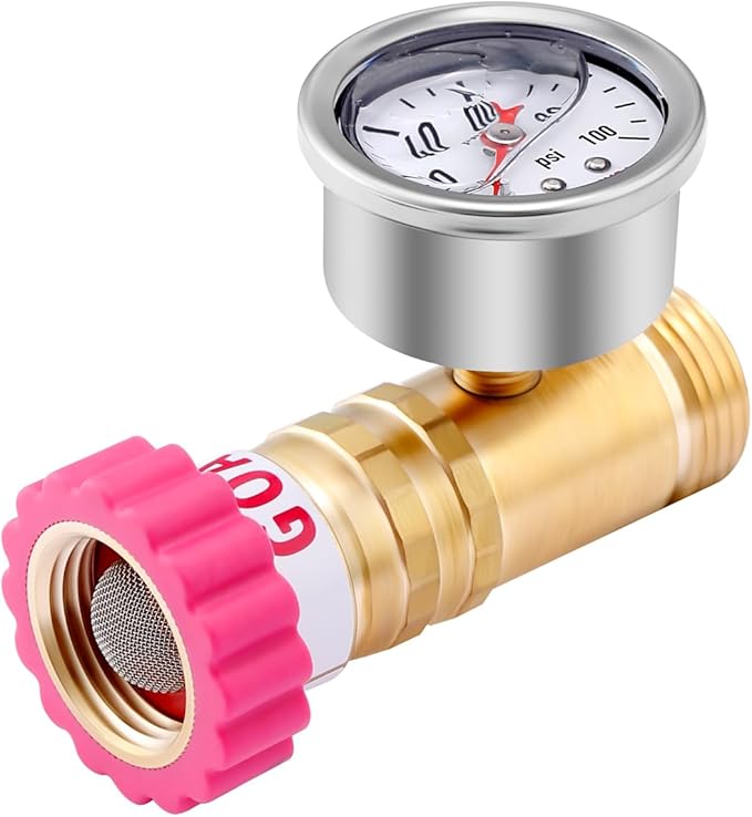 Water Pressure Regulator, Lead-Free Brass Pressure Reducer, 40-50psi, 3/4" Hose, with Gauge and Filter Screen, for Camper Travel Trailer RV Plumbing System
