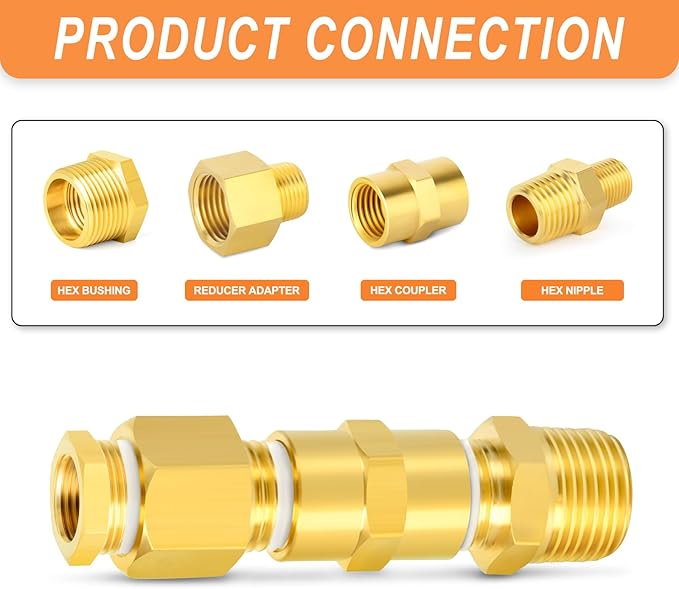 GASHER Brass Reducing Hex Nipples,1/4 Inch NPT Male x 1/8 Inch NPT Male Brass Pipe Adapter Fittings Reducing Nipples Connector（15Pcs）