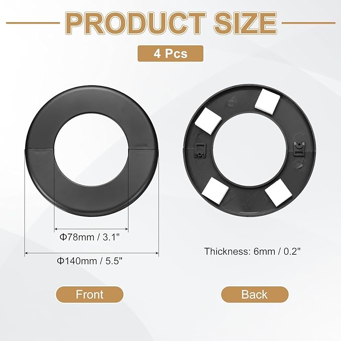 PATIKIL Wall Split Flange 140mm / 5.5" OD, 4 Pcs Round Escutcheon Plate Cover PPR Plumbing Cover Plates with Self-Adhesive Tape for 78mm / 3.1" Dia Water Pipe Faucet, Black