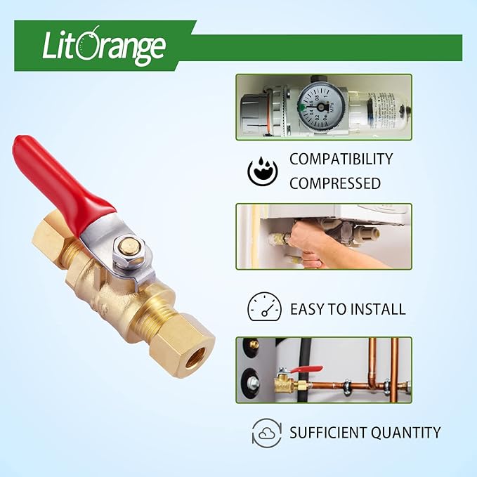 6 Pack Lead-Free Brass Mini Ball Valve Shut Off Switch, 1/4 inch Compression by 1/4 Compression Fitting