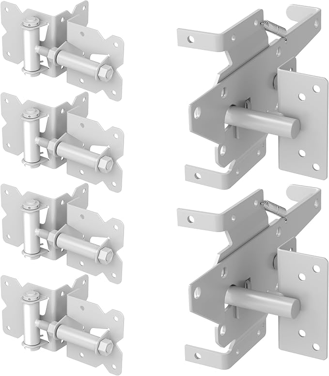ZEKOO Stainless Steel Gate Hardware Kit, Self Closing Gate Hinges and Latch, Rust Proof, Use for Vinyl Fence Gate and Wood Fences Gate, Heavy Duty 2 Gate Latches 4 Gate Hinges (White)