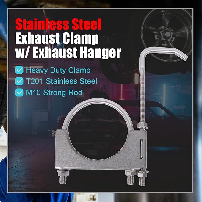 Heavy Duty 3-1/2 Inch Stainless Exhaust Clamp with Hanger Rod for Universal 3.5" Exhaust Pipes