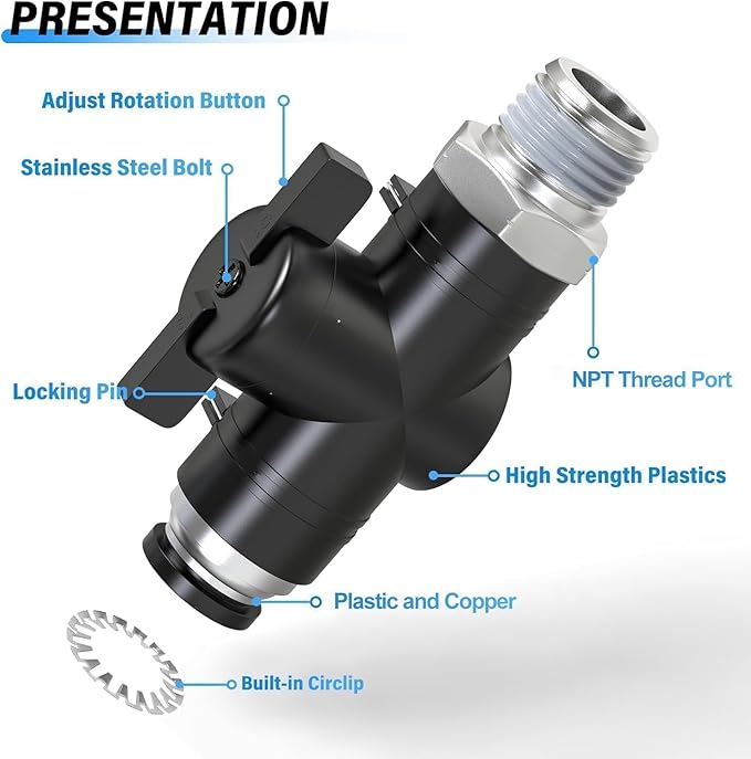 TAILONZ PNEUMATIC 5/32 Inch Tube OD x 1/4 Inch NPT Thread Ball Valve Air Flow Control Valve Push to Connect Fitting BVC-5/32-N2（Pack of 3）