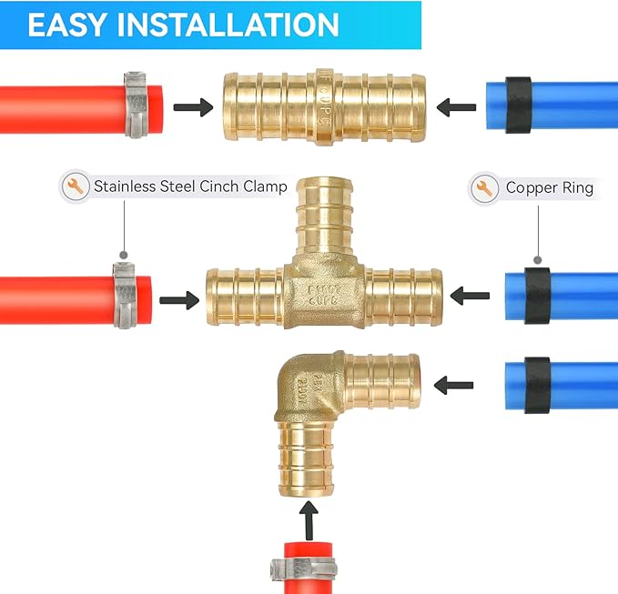 (Pack of 36) 3/4" PEX Fittings,90 Degree Elbow (12 PCS) + Tee (12 PCS) + Straight Coupling (12 PCS),Pex Brass Crimp Fitting Combo for PEX Pipe Tubing Connection,ASTM F1807