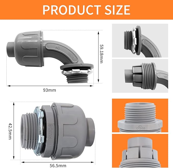 3/4" Liquid Tight Connector Non-Metallic Electrical Conduit Fittings, PVC Flexible Conduit Fittings, for Home Kitchen Bathroom Tube Tool Supplies UL Listed(Straight+90 Degree, 60 Pack)