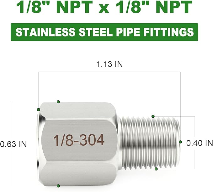 TAISHER 10PCS 304 Stainless Steel Pipe Fitting, New Reducer Adapter, 1/8" NPT Male x 1/8" NPT Female, Reducing Pipe Adapter Fitting