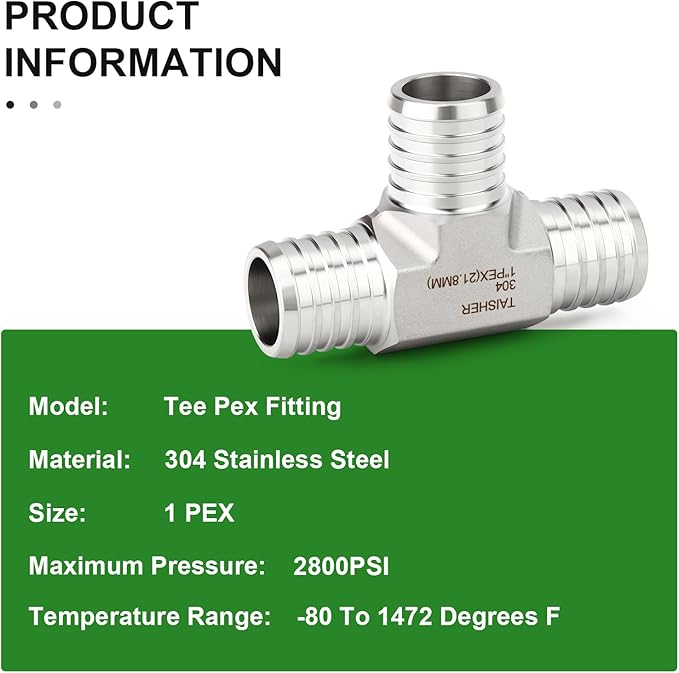 TAISHER 2PCS 304 Stainless Steel Tee Pex Fittings, 1" Pex Fitting With 6PCS Hose Clamp For Pex Tubing Pipe