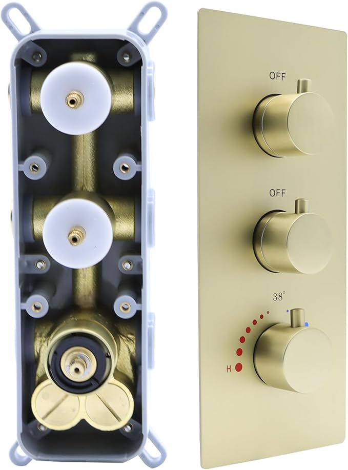 2 Function Shower Thermostatic Brass Valve Volume Control Can Work at the Same Time: 3 Round Knob, Concealed Brass Rough-In Valve (Brushed Gold, 2-Way)