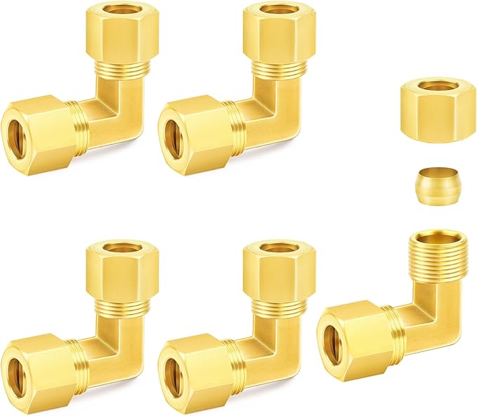 ChillWaves Brass Compression Tube Fitting, 3/8" OD x 3/8" OD 90 Degree Elbow Compression Union Connector(5-PACK)