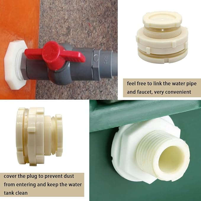 2.5" Female ABS Bulkhead Fitting, Plastic Water Tank Connector Adapter Fitting with Plugs for Outdoor rain Barrel Garden Hose Adapter Spigot kit Water Tank Gallon Drain Bucket(Set of 1)