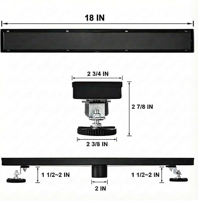 Linear Shower Floor Drain, Black 18 Inch 304 Stainless Steel Bathroom Drains Kit, Rectangular Shower Trench Drain with Reversable Tile-in Pattern Drain Cover & Hair Catcher