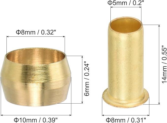PATIKIL 5/16" Tube ID Compression Assortment Kit, 25 Set Brass Compression Sleeve Ferrule & Insert for Water Oil Air Pipe