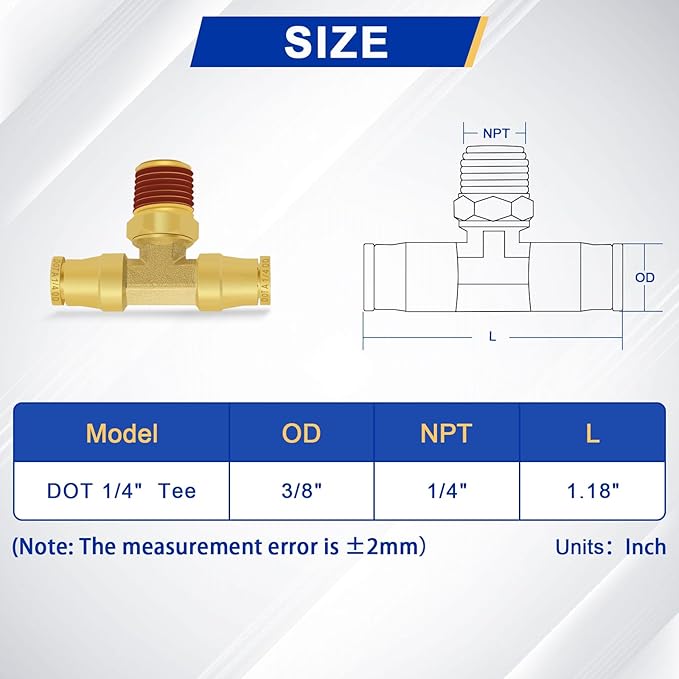 1/4" DOT Air Line Quick Connect Fittings, 3PCS Brass Push to Connect Fittings 1/4" Tube OD × 1/4" NPT Tee Union to Male Pipe Swivel for Truck Trailers Air Brake System