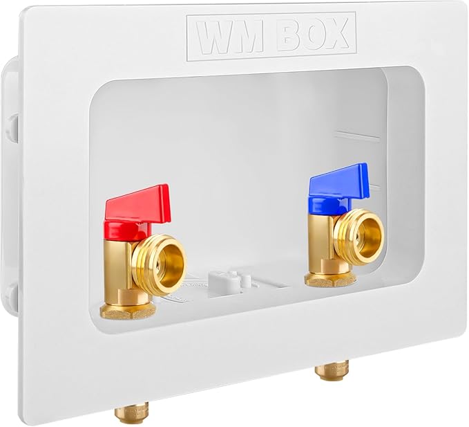 Washing Machine Outlet Box with Center Drain, 1/2" Push-Fit Inlet x 3/4" MHT Outlet Connection with Hot and Cold 1/4-turn Shut-off Ball Valve