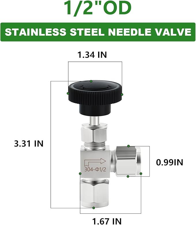 TAISHER 1PCS 304 Stainless Steel Compression Tube Square 90 Degree Needle Valve 1/2"" Tube OD x 1/2"" Tube OD For Flow Control Water Gas Oil, Silver