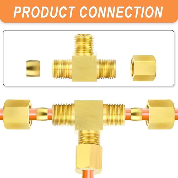 GASHER 2PCS Brass Compression Tube Pipe Fitting Connector, Tee，8mm x 8mm x 8mm Tube OD Connector