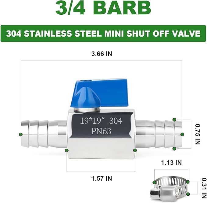 TAISHER 1PCS 304 Stainless Steel 3/4" Mini Ball Valve Shut Off Switch, 3/4" Hose Barb with 2PCS Hose Clamps