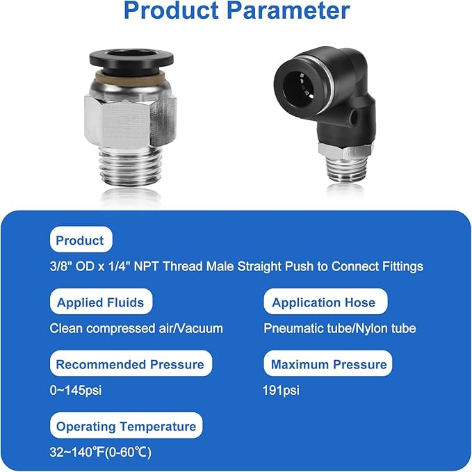 12 Pcs Push to Connect Fittings 3/8 Inch Tube OD x 1/4 Inch NPT Thread Pneumatic Male Straight and Elbow Quick Connect Air line fittings