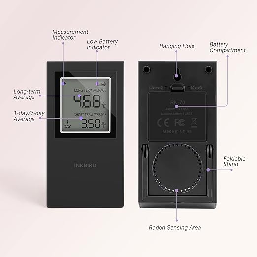 INKBIRD Home Radon Detector, Portable Radon Meter, Short-Term and Long-Term Monitoring, US Version-Pci/L Battery Included (INK-RD1-B)