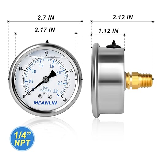 MEANLIN MEASURE 0~40Psi Stainless Steel 1/4" NPT 2.5" FACE DIAL Liquid Filled Pressure Gauge WOG Water Oil Air, Cencter Back Mount, with 1/2" NPT and 3/8" NPT Hex Bushing