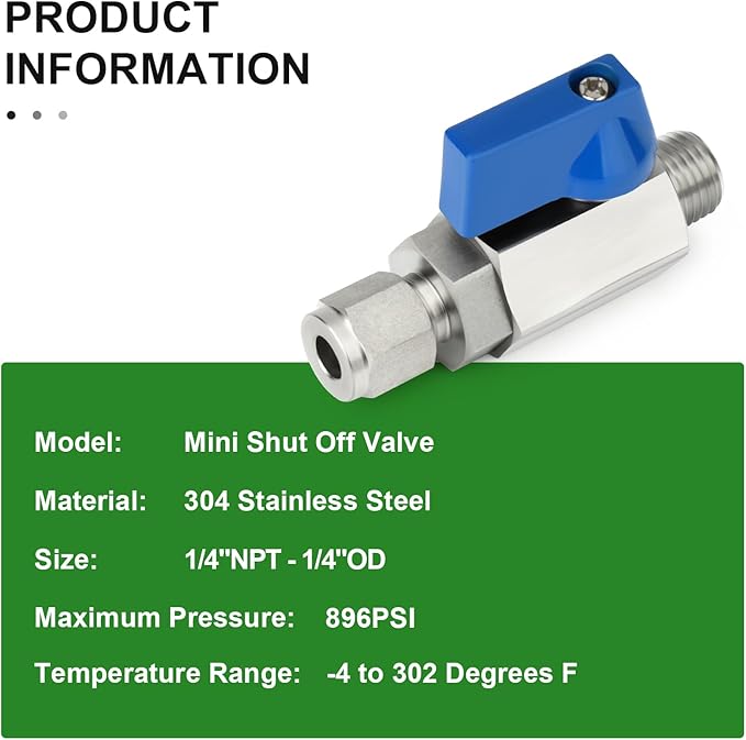 TAISHER 2PCS 304 Stainless Steel Compression Mini Ball Valve Shut Off Switch, 1/4" Tube OD x 1/4" NPT Male