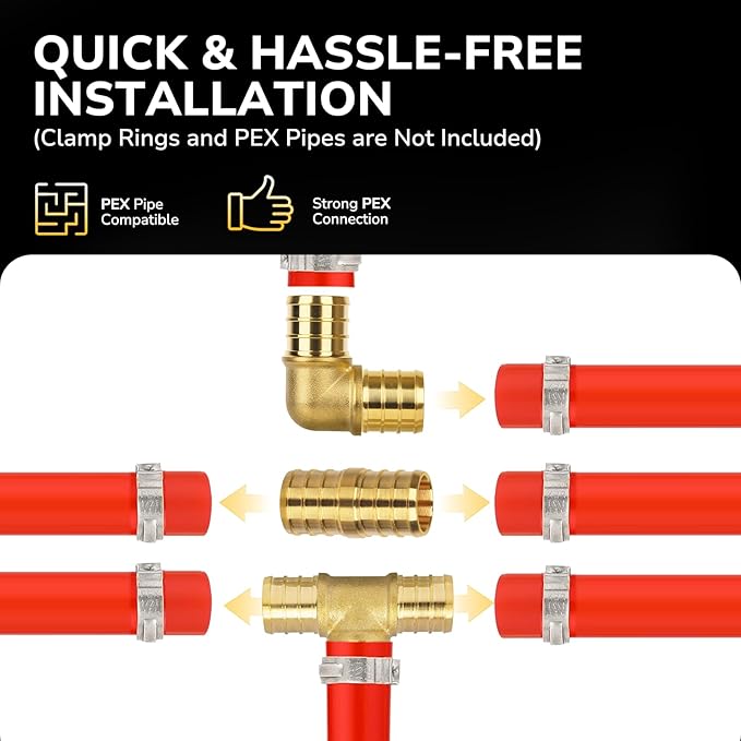 30 Pack 1/2" Pex Fittings Set, 10 Pcs Each Elbow, Tee and Coupling, Heavy-Duty Brass Crimp Fittings for PEX Pipes with Leak-Resistant Construction, NSF & UPC Certified