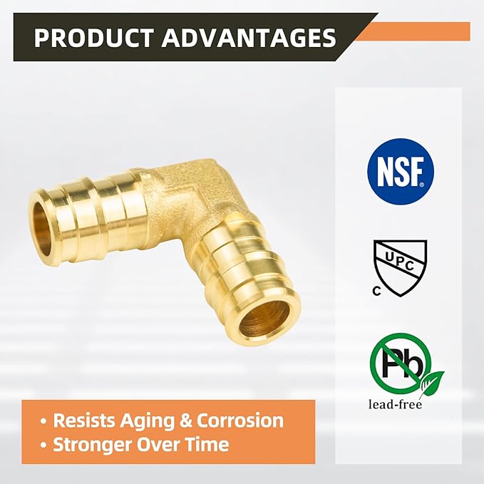 10-Pack YVSKM 1/2" PEX-A 90° Elbow Expansion Fitting, Lead-Free Brass Full Flow Connector, ASTM F1960 & cUPC Certified for Residential Hot & Cold Water and Radiant Heating Systems