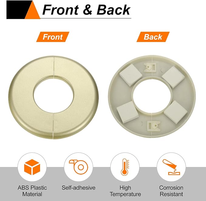 HARFINGTON 2pcs Wall Split Flange 22.5mm/0.9" Self-Adhesive Plumbing Cover Plates ABS Plastic Round Escutcheon Plate Buckle Design for Water Pipe Bathroom Kitchen Decoration, Gold Tone