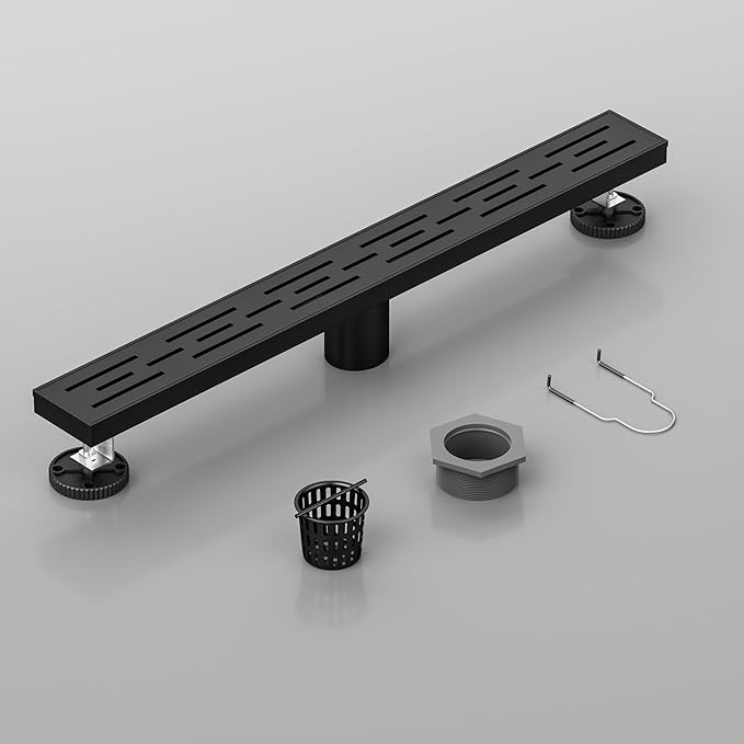 Neodrain 24 in Matte Black Linear Shower Drain, Rectangular Linear Drain for Shower with Brick Pattern Grate, 304 Stainless Steel Bathroom Floor Drain