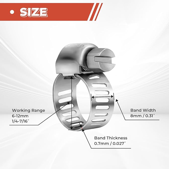 24 Pack 1/4" - 7/16" Worm Gear Hose Clamps, Adjustable Range 6-12mm 304 Stainless Steel Fuel Line Hose Clamps for Pipe, Plumbing, Automotive and Mechanical Application