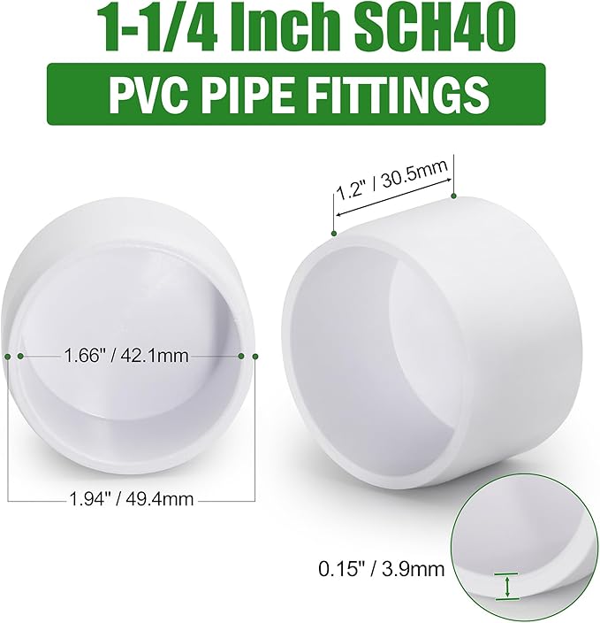 SCH40 PVC Cap 1-1/4 Inch - Fit Standard 1-1/4" SCH40 PVC Pipes (OD Approx. 1.66"), Zernmiarder Furniture Grade Pipe Caps, White Pipe Cover Fittings for Plumbing, DIY, Garden & Furniture - 4 Pcs