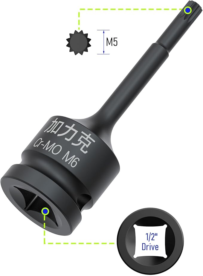 1/2-Inch Drive x M5(5mm） Impact XZN Triple Square Spline Bit Socket, Metric Lengthen Screwdriver Socket Adapter, 3-Inch Length, CR-MO Steel, One-Piece Construction, Black