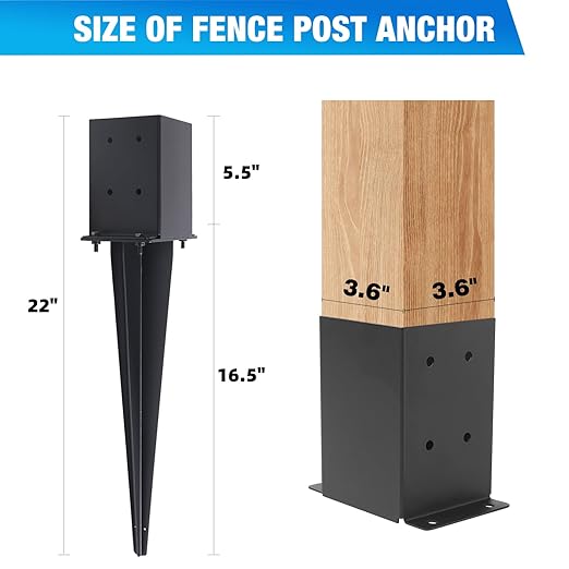 3 Pcs 4"x4" Fence Post Anchor Ground Spike 22"(Actual 3.6"x3.6") Heavy Duty Metal Fence Post Anchor with Black Powder-Coated for Deck,Fence,Porch,Railing,Mailbox