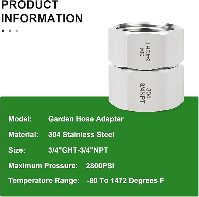 TAISHER 1PCS 304 Stainless Steel Garden Hose Adapter, 3/4" GHT Female x 3/4" NPT Female Garden Hose Connector with Washers