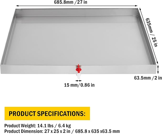 27" x 25" Washing Machine Drain Pan with Drain Hole & Hose Adapter, 304 Stainless Steel Heavy Duty Washer Drip Tray with 4 Anti-Vibration Feet for Compact Washers