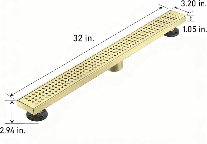 Linear Shower Floor Drain, Brushed Gold 32 Inch 304 Stainless Steel Bathroom Drains Kit, Long Rectangular Shower Trench Drain with Square Pattern Drain Cover & Hair Catcher