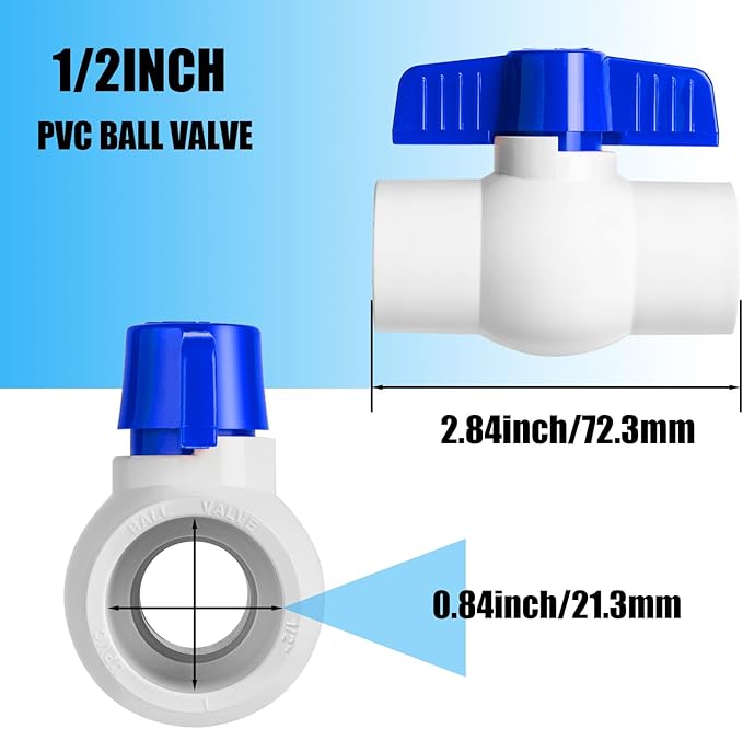 10PCS 1/2" PVC Ball Valve, Shut-Off Ball Valves Socket with Easy Turn Blue T-Handles, Slip PVC Valve for Water Project, Swimming Pool, Sewage Pump, Sprinkler Line, Outdoor Plumbing & Irrigation System
