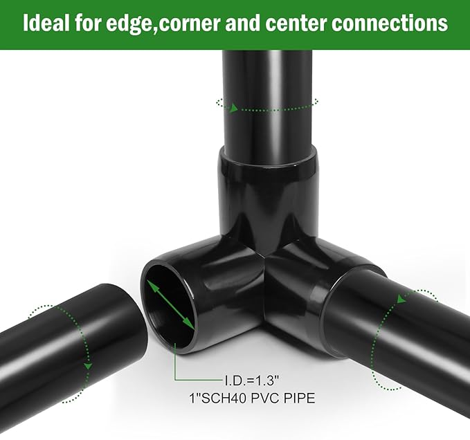 3 Way PVC Pipe Fittings 1 Inch, Zernmiarder Black PVC Elbow Corner Side Outlet Tee Fitting, SCH40 Furniture Grade Pipe Connectors - Fits 1" Polyvinyl Chloride Pipes, 4 Pieces