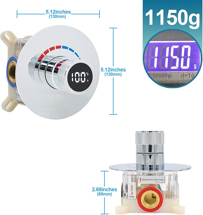 Round Digital Display Shower Valve Shower Diverter Single Way Shower Mixing Valve Concealed Installation in Wall for Bathroom Polished Chrome