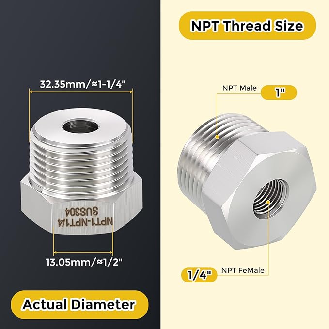 METALLIXITY 1PCS 1" Male NPT x 1/4" FeMale NPT Thread 304 Stainless Steel Hex Bushing Extension Tube Adapters Convert for Water Tub Spout/Shower