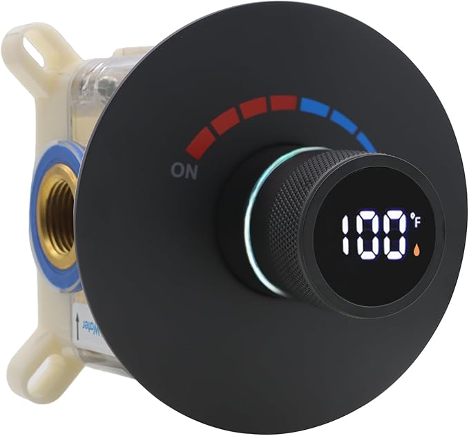 Round Digital Display Shower Valve Shower Diverter Single Way Shower Mixing Valve Concealed Installation in Wall for Bathroom Matte Black