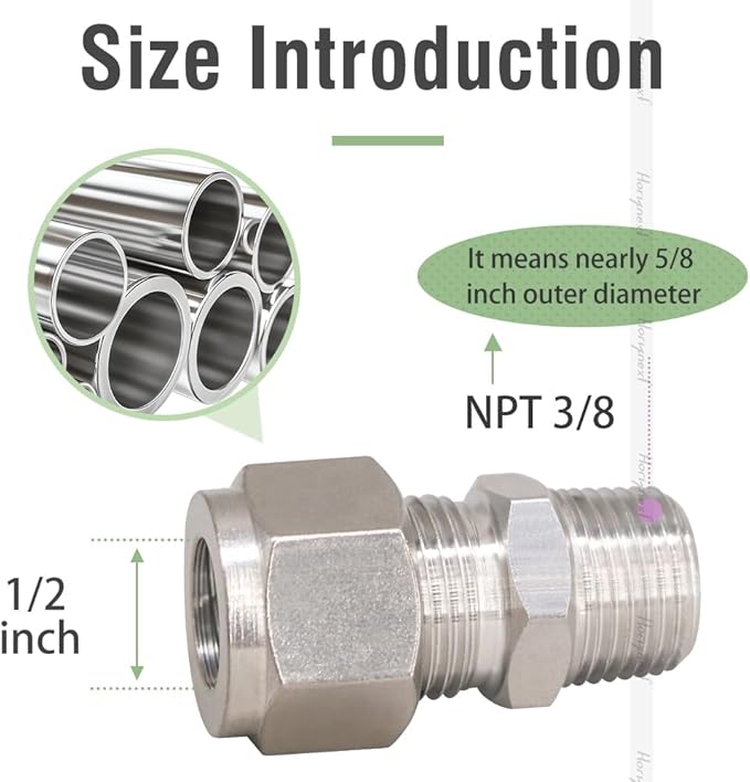 Stainless Steel 304 Compression Fitting to connect 1/2 inch OD tube x 3/8 NPT Male thread Coupler, for brass copper stainless steel tubing (2 pcs)