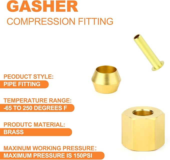 GASHER 60PCS Brass Compression Fitting Kit,Sleeve Ferrules&Insert Tube Support&Ferrule head,3/16" Tube OD