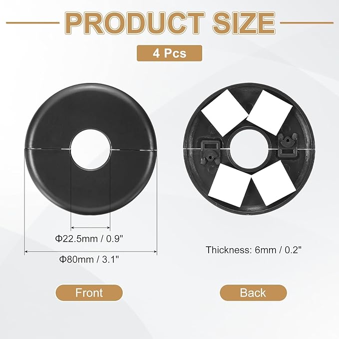 PATIKIL Wall Split Flange 80mm / 3.1" OD, 4 Pcs Round Escutcheon Plate Cover PPR Plumbing Cover Plates with Self-Adhesive Tape for 22.5mm / 0.9" Dia Water Pipe Faucet, Black