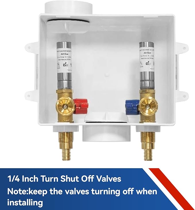 Washing Machine Outlet Box with Water Hammer Arrestor,1/2 Inch PEX F1807 Inlet Connection,3/4 Inch MHT Outlet Male Thread Connection, PEX Box with Center/Side Drain, Washing Box with 1/4-Turn