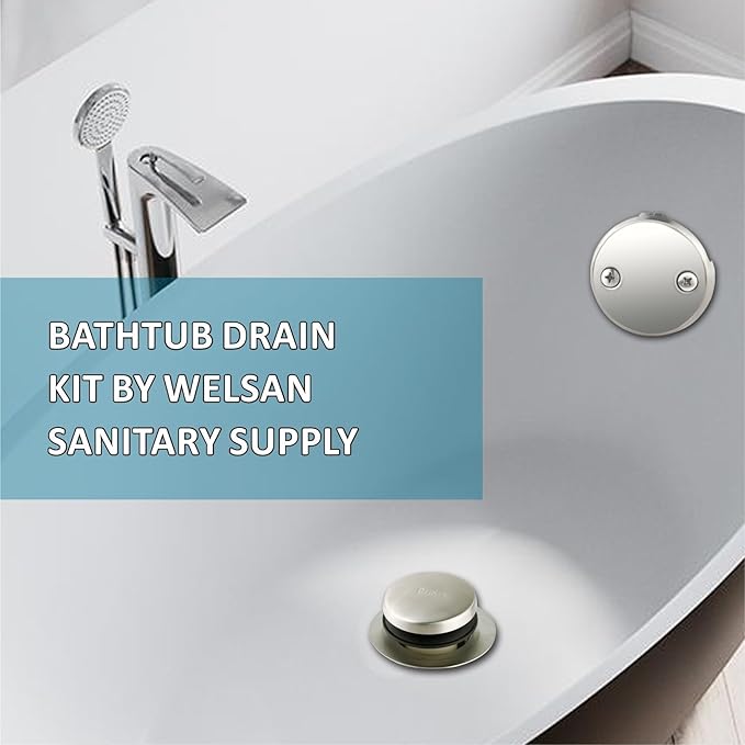 Tubular Bath Tub Drain Kit 1-1/2" with Brushed Tip-Toe Bathtub Drain Stopper, Welsan Touch-Toe Bath Plug Waste and Overflow Face Plate, PVC Plastic Pipe (Brushed Nickel)