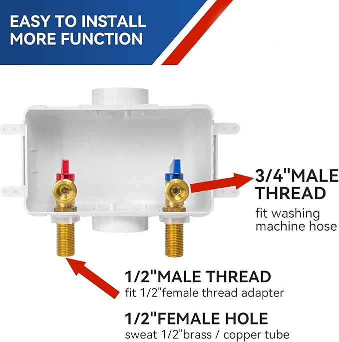 Washing Machine Outlet Box,1/2 Inch Sweat MIP x 3/4 Inch MHT Connection Laundry Outlet Boxes,Washer Plumbing Fittings Box with Center Drain