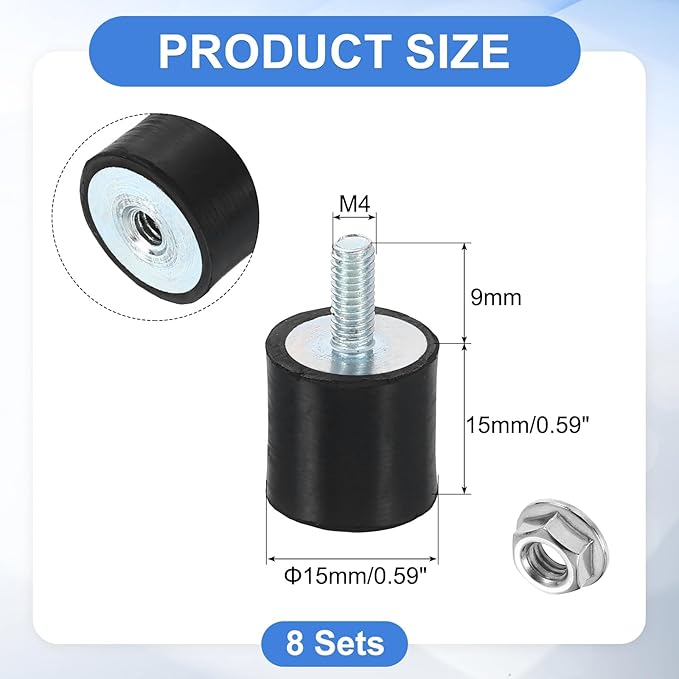 uxcell M4 Rubber Mounts, 8Pcs 15x15mm(DxH) Rubber Cylindrical Anti Vibration Isolator Shock Absorber with Lock Nut for Car Bobbin Generator Air Compressors